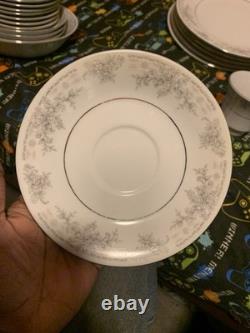 China Pearl Olivia Fine China Floral Dinner Set White/Gray Plates Cups Creamer