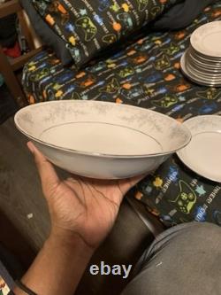China Pearl Olivia Fine China Floral Dinner Set White/Gray Plates Cups Creamer