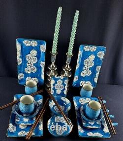 Chinese Floral, Blue & White Ceramic Sushi Dinnerware Set Serves 4 (20Pcs)