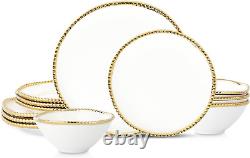 Christian Siriano Akoya Porcelain Dinnerware Set, 12-Piece Dish Set for 4, Pla