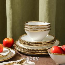 Christian Siriano Akoya Porcelain Dinnerware Set, 12-Piece Dish Set for 4, Pla