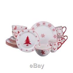 Christmas Dinnerware Set Service Tree Decorated Red Round Food Plates NEW 16pc