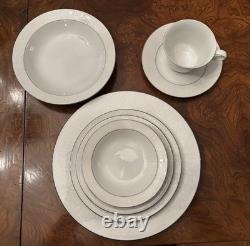 Classic Wedding China, 85 Pieces, White & Silver Rim, Service for 12