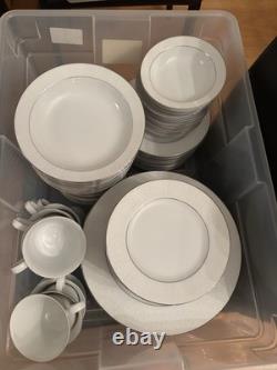 Classic Wedding China, 85 Pieces, White & Silver Rim, Service for 12