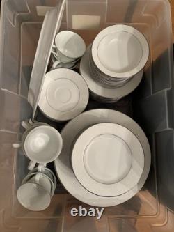 Classic Wedding China, 85 Pieces, White & Silver Rim, Service for 12