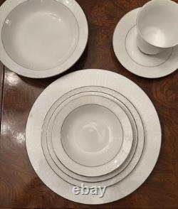 Classic Wedding China, 85 Pieces, White & Silver Rim, Service for 12