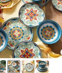 Colorful Floral Ceramic Dinner Set Painted Plates & Bowls, Blue Yellow Red