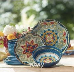 Colorful Floral Ceramic Dinner Set Painted Plates & Bowls, Blue Yellow Red