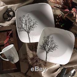 Corelle 16 PC Square Dinnerware Dish Set Timber Shadow Table Stoneware Plate New