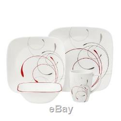 Corelle 16-Piece Square Dinnerware Set White Glass Red And Grey Scroll Patterns