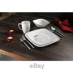 Corelle 16-Piece Square Dinnerware Set White Glass Red And Grey Scroll Patterns