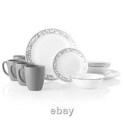 Corelle 16-pc Dinnerware Marble Lines 4 Place Setting Classic new Gray & White