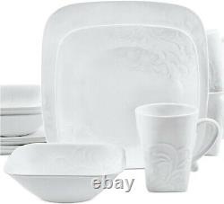 Corelle CHERISH Embossed Design White Floral Square 16 Pc Dinnerware & Mug Set