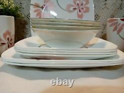 Corelle Pretty Pink Dinnerware set 16pc Square Pink Floral Bowls Plates Mugs