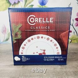 Corelle Reindeer Rudolph Holiday 12 Pc Dinnerware Set Snowflakes Christmas NEW