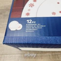 Corelle Reindeer Rudolph Holiday 12 Pc Dinnerware Set Snowflakes Christmas NEW