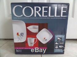 Corelle Square Dishes 16 Piece Dinnerware Set Country Rooster Dawn Service For 4