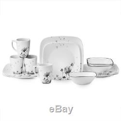 Corelle Squares 16 Piece Shadow Florals Dinnerware Set for 4 FREE SHIP NEW