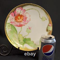 Coronet Limoges Plate Hand Painted by Lamour Pink White Poppy withGold 1920+ HTF