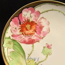 Coronet Limoges Plate Hand Painted by Lamour Pink White Poppy withGold 1920+ HTF