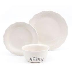 Country White Dinnerware Set of 24 Elegance Embossed Bead Linen Dishes Plates Bo
