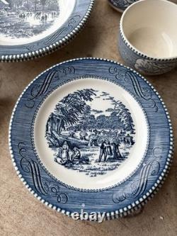 Currier & Ives Royal Blue/White Dishes 37 Pieces Lot Mid-Century Vintage Used