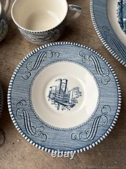Currier & Ives Royal Blue/White Dishes 37 Pieces Lot Mid-Century Vintage Used