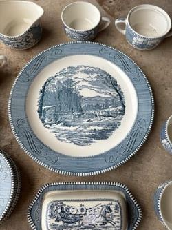 Currier & Ives Royal Blue/White Dishes 37 Pieces Lot Mid-Century Vintage Used