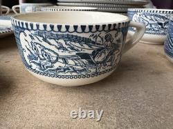 Currier & Ives Royal Blue/White Dishes 37 Pieces Lot Mid-Century Vintage Used