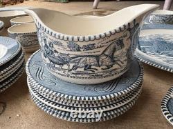 Currier & Ives Royal Blue/White Dishes 37 Pieces Lot Mid-Century Vintage Used