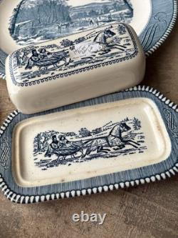 Currier & Ives Royal Blue/White Dishes 37 Pieces Lot Mid-Century Vintage Used