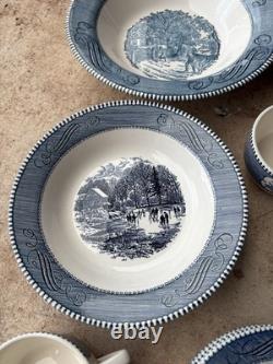 Currier & Ives Royal Blue/White Dishes 37 Pieces Lot Mid-Century Vintage Used