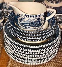 Currier and Ives Vintage Blue/White Harvest Collection Dinnerware set-67 Pieces