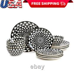 Dinnerware Black & White Medallion Stoneware 12 Piece Set Dinner Service Sets