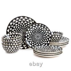 Dinnerware Black & White Medallion Stoneware 12 Piece Set Dinner Service Sets
