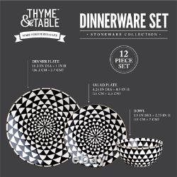 Dinnerware Black & White Medallion Stoneware 12 Piece Set Dinner Service Sets