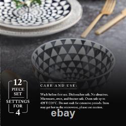 Dinnerware Black & White Medallion Stoneware 12 Piece Set Dinner Service Sets