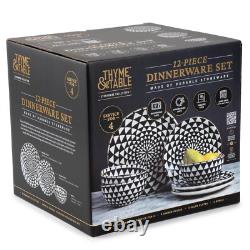 Dinnerware Black & White Medallion Stoneware 12 Piece Set Dinner Service Sets