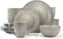 Dinnerware Dish Set, 16 Elama Elegant Round Embossed Stoneware High Class