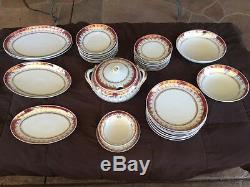 Dinnerware Eliane by Schmidt (Brazil)-35 Pieces-White withRed Band, Filigree, Gold