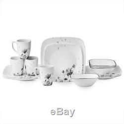Dinnerware Service Set 16 Piece Glass Black Gray Floral Dishes Plates Bowls Mug