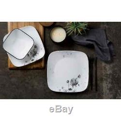 Dinnerware Service Set 16 Piece Glass Black Gray Floral Dishes Plates Bowls Mug