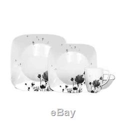 Dinnerware Service Set 16 Piece Glass Black Gray Floral Dishes Plates Bowls Mug