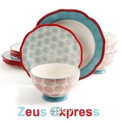 Dinnerware Set 12-24 PC The Pioneer Woman Dinner Plates Bowls Happiness Red Blue