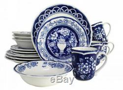 Dinnerware Set Blue White Circle Plate Dishes Kitchen Service Dining Ware 16Pc
