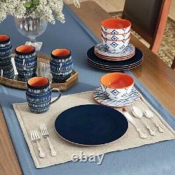 Dinnerware Set Blue White Plate Bowl Stoneware Stackable16 Piece Dinner Service