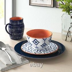 Dinnerware Set Blue White Plate Bowl Stoneware Stackable16 Piece Dinner Service