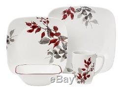 Dinnerware Set Square Kyoto Leaves 16 Piece Service for 4 White Red Gray
