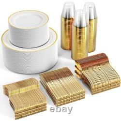Dinnerware Set for 100 Guests, White and Gold Rim Plastic Plates Disposable
