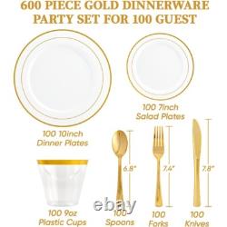 Dinnerware Set for 100 Guests, White and Gold Rim Plastic Plates Disposable